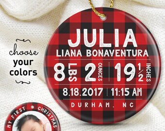 First Christmas Ornament: Rustic Red Buffalo Plaid (Custom Baby Details)