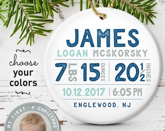 Baby First Christmas Ornament: Personalized Birth Stats in Navy & Mint