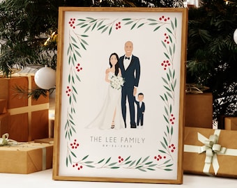 Personalized Newlywed Couple Portrait with Toddler Son, Custom Drawing from Photo, Fun Christmas or Anniversary Gift for Wife or Husband