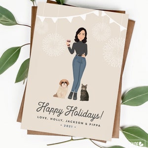 Unique holiday card > Custom portrait cartoon, Personalized drawing, Woman with coffee, cat & dog , Printed Christmas cards with envelopes