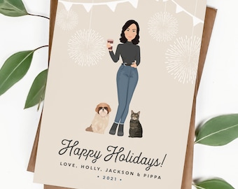 Unique holiday card > Custom portrait cartoon, Personalized drawing, Woman with coffee, cat & dog , Printed Christmas cards with envelopes