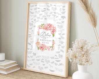 Custom 40th Birthday Party Guest Book, Fortieth Birthday Party Canvas to Sign, Pink Hydrangea Square Guestbook, 40th Birthday Gift Idea