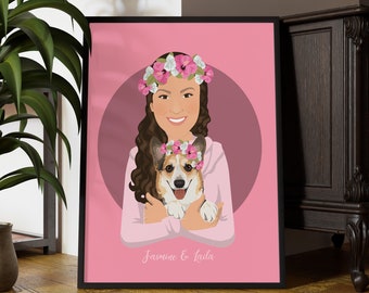 custom pet portrait hand drawn from photo, bespoke dog drawing with corgi shown, custom accessories and accent color, cute dog portrait gift