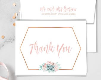 Succulent Thank You Card / Blush Flower Succulent Bouquet Faux Metallic Copper Watercolor Cactus ▷ Printed Thank You {or} Printable