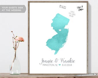 Wedding Guest Book Alternative / New Jersey Map Illustration / Aqua Watercolor Map Guestbook Sign In ▷Canvas, Paper {or} Printable {mfo}