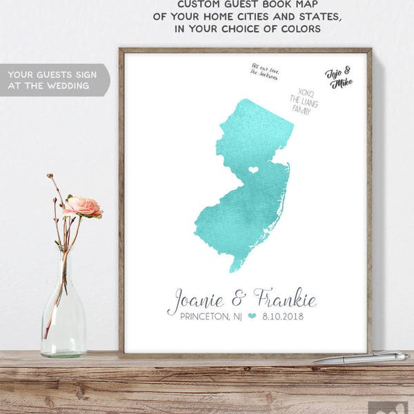 Wedding Guest Book Alternative / New Jersey Map Illustration / Aqua Watercolor Map Guestbook Sign In ▷Canvas, Paper {or} Printable {mfo}