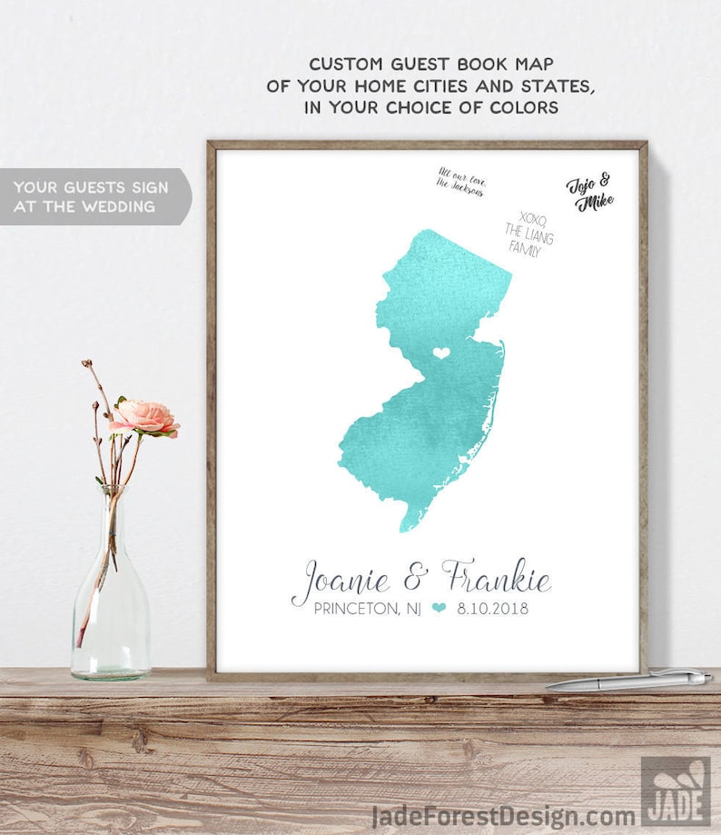 Wedding Guest Book Alternative / New Jersey Map Illustration / Aqua Watercolor Map Guestbook Sign In Canvas, Paper or Printable mfo image 1