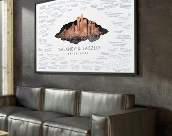 Dallas Skyline Guest Book: Faux Rose Gold, Black Watercolor Canvas