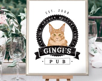 Pet Bar Sign for Wedding > Custom Cat Portrait for Wedding Bar Menu Sign, Distressed Rustic Print