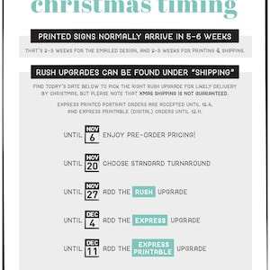 May include: A white sign with the words "christmas timing" in teal. The sign provides a timeline for ordering printed signs, including deadlines for pre-order pricing, standard turnaround, and rush upgrades. Dates are listed in November and December.