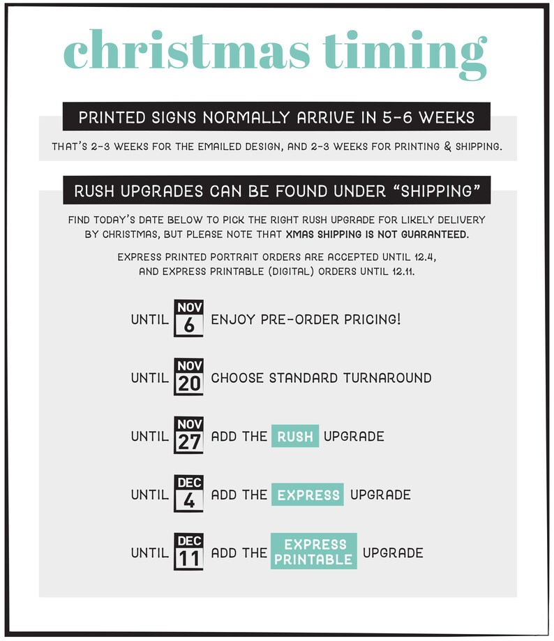 May include: A white sign with the words "christmas timing" in teal. The sign provides a timeline for ordering printed signs, including deadlines for pre-order pricing, standard turnaround, and rush upgrades. Dates are listed in November and December.
