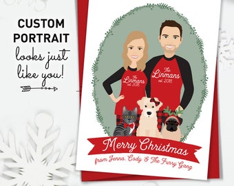 Christmas Card for Pet Parents, Unique Christmas Cards with Custom Family Portrait and Pet Portrait in Matching Christmas PJs