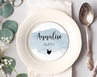 Dusty Blue Place Cards, Blue Watercolor Round Card for Wedding Reception Seating, Calligraphy Escort Cards > PRINTED Circle Place Card