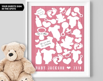 Pink Baby Shower Guest Book Alternative / Girl Baby Guest Book, Onesie, Teddy Bear, Duckie Baby Shower ▷Canvas, Board, Paper {or} Printable