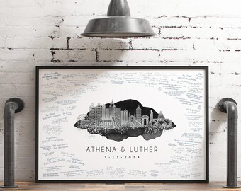 Atlanta Skyline Guestbook, Silver on Black Canvas (Custom Names & Date)