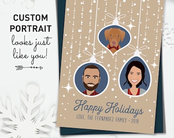 Portrait Christmas Card, Custom Cartoon Portrait from Photo, Modern Holiday Cards with Pet, Christmas Cards Printed, Custom Family Portrait