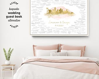 Los Angeles Skyline Guestbook, Blush Gold Watercolor (Personalized Wedding)