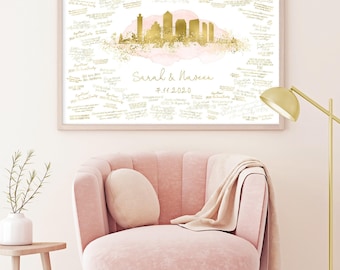 Canvas Guestbook: San Diego Skyline Blush Watercolor - Faux Metallic Art