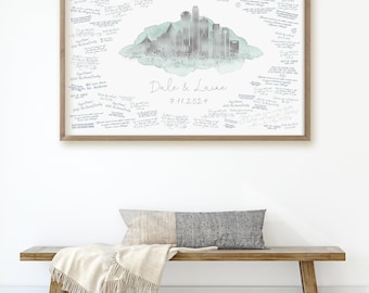 Dallas Skyline Guestbook Canvas: Silver Dusty Blue, Custom Names & Date