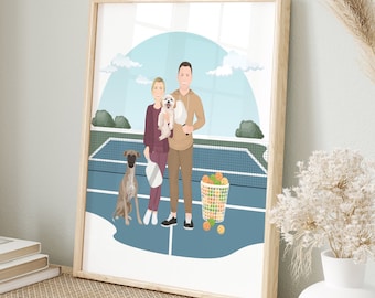 Pickleball Couple Cartoon Drawing with Dogs, Personalized Portrait from Photo, Fun Fathers Day Gift for Husband or Dad that plays Pickleball