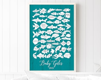 SEA LIFE Shapes Guest Book for Baby Shower, Can be Personalized, Nursery Gift for Baby Shower, Peacock Teal, Faux Wood Planks, Sharks, Fish