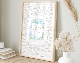 Custom 70th Birthday Party Guest Book, Seventieth Birthday Party Canvas to Sign, Blue Hydrangea Square Guestbook, Gift for Her 70th Birthday