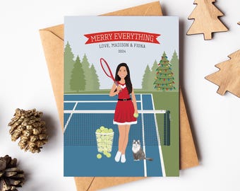 Bespoke Holiday Cards 2024, Women with Cat on Tennis Court, Women in Santa Outfit Holding Tennis Racket, Custom Portrait Drawn from Photo