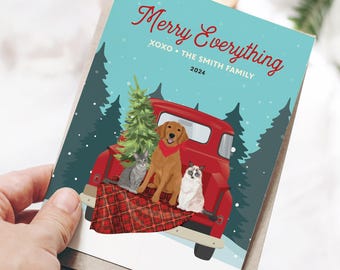 Dog Christmas Cards Custom, Two Dogs in Red Pickup Truck, Merry Everything Holiday Card, Pet Portrait From Photo, Personalized Cartoon Card