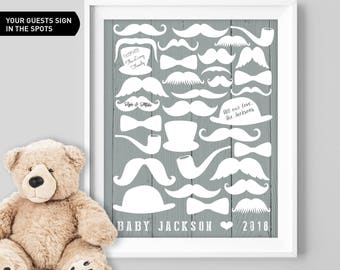 Mustache Baby Shower Guest Book Alternative / Neutral Gray Hipster Guest Book, Bow Tie Baby Shower ▷Canvas, Board, Paper {or} Printable