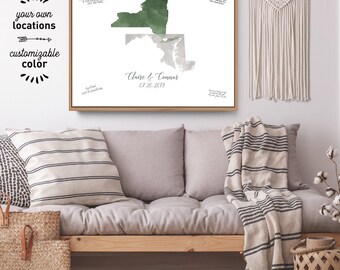 Wedding Guest Book Map, Watercolor States with Heart Marked Cities (Custom Colors)