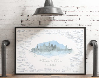 Wedding Guest Book Alternative, Austin Skyline Wall Art, Texas Canvas Guestbook Gift, Faux Metallic Silver and Azure Blue Watercolor