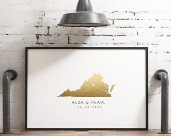 Virginia Wedding Guest Book: Faux Gold Watercolor State Map