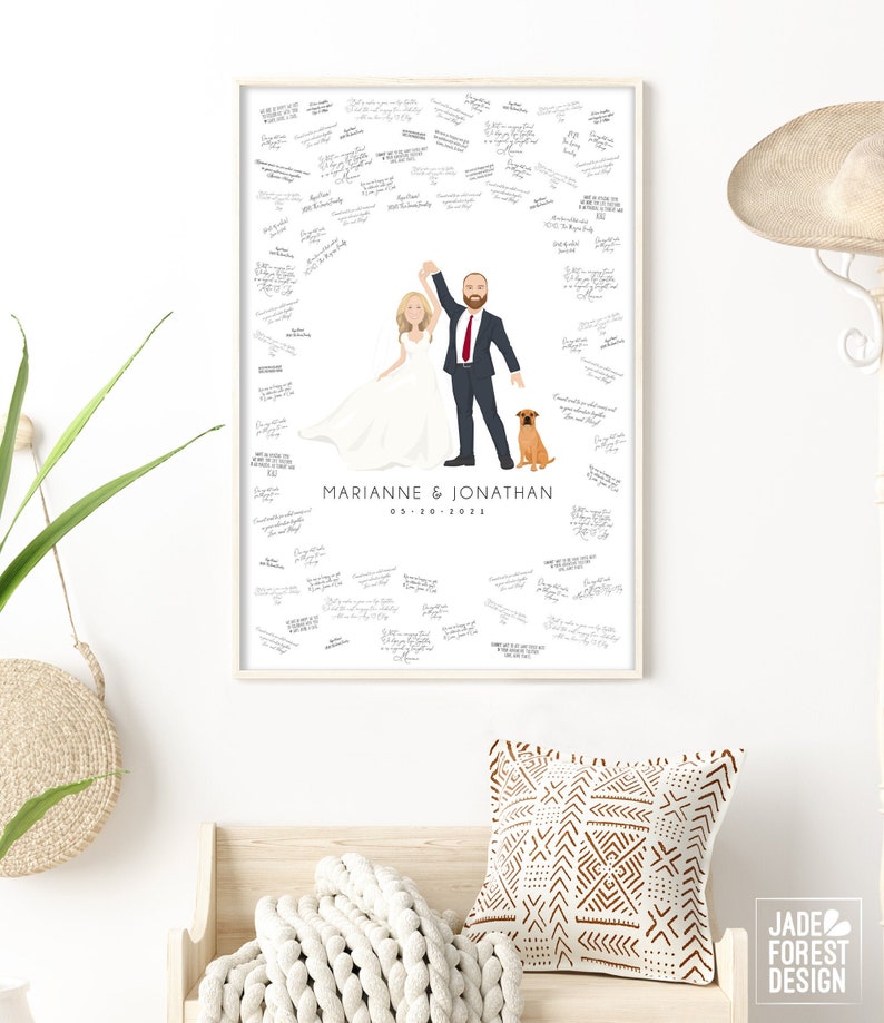 Portrait guest book alternative canvas Custom wedding cartoon with dogs First dance art Personalized couple dancing drawing from photo image 10