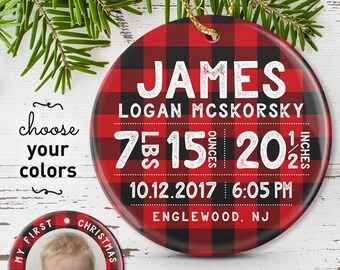 Buffalo Plaid Baby Ornament - Personalized First Christmas Decoration