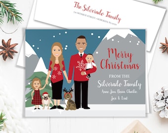 Custom Family Portrait Holiday Card / Christmas Card Portrait, Pug and Tabby Cat Pet Portrait Illustration ▷ Printed {or} Printable