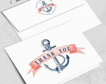 Nautical Thank You Card, Coral Navy Blue Thank Yous for Beach Destination Wedding, Folded PRINTED THANK YOU or printable cards