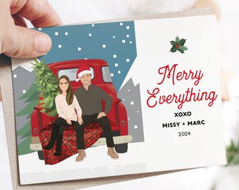 Printable, Holiday Card Set, Custom Drawn, Pickup Truck Christmas Greeting, Couple Cartoon Illustration, Personalized Holiday Portrait