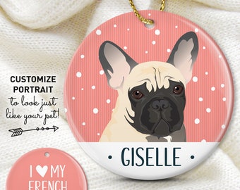 Frenchie Ornament, French Bulldog Portrait Christmas Ornament Personalized, Custom Pet Illustration, Unique Gift for Frenchie Parents