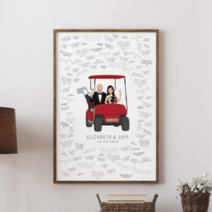 Custom Wedding Guest Book Alternative for Golf Themed Wedding, Bride and Groom in Golf Cart, Bride Gift for Groom, Golf Party Signature Sign