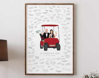 Custom Wedding Guest Book Alternative for Golf Themed Wedding, Bride and Groom in Golf Cart, Bride Gift for Groom, Golf Party Signature Sign