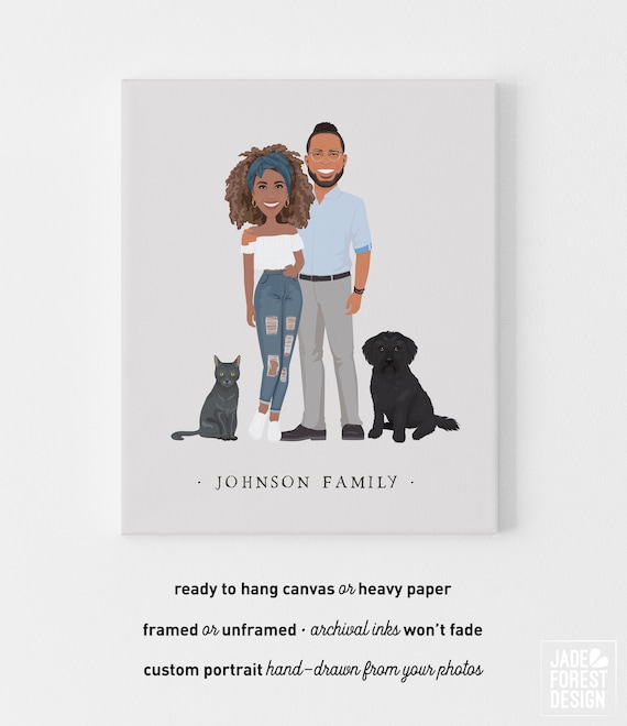 Custom Portrait, Personalized Gift, Family Drawing, Boho Illustration, Neutral Colors, Unique Couple Cartoon with Pets, Large Framed Art