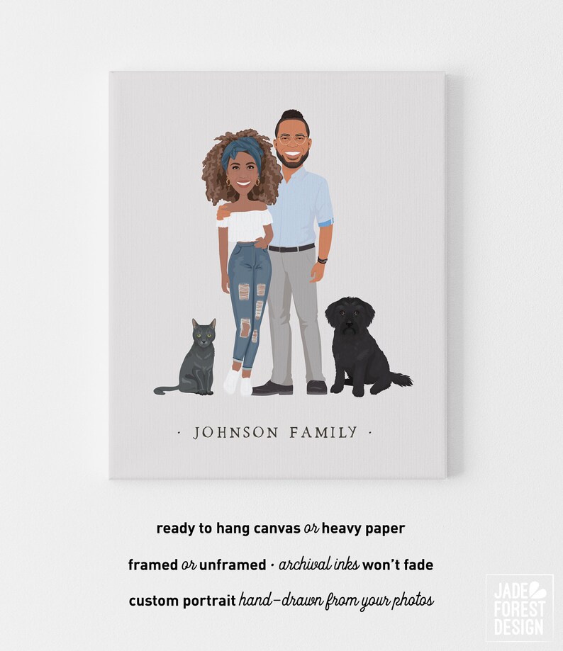 May include: A custom portrait on canvas featuring a couple, a black cat, and a black dog. The couple is standing together, smiling. The words "JOHNSON FAMILY" are printed below the illustration. The canvas is ready to hang.