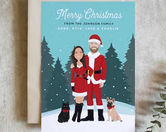 Portrait Christmas Cards. Personalized Holiday Card in Santa Outfits. Black Persian Cat and Frenchie Portrait Illustration. 100% Recycled
