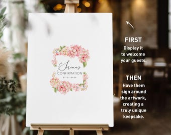 Custom Pink Hydrangea Guest Book for Holy Confirmation, Event with Personalized Name Date, Unique Keepsake Display Option, Gift for Her