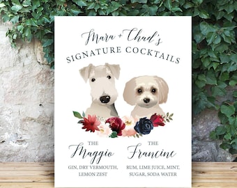 Rustic Cocktail Sign, Blush Navy Burgundy, Personalized Dog Bar, Custom Pet Portrait, Signature Drink Decor, Boho Wedding Print, Printable