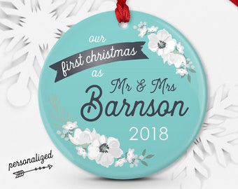 First Married Christmas Ornament, Personalized Newlywed Ornament, Mr and Mrs, Wedding Gift for Couple, Aqua Blue and Gray