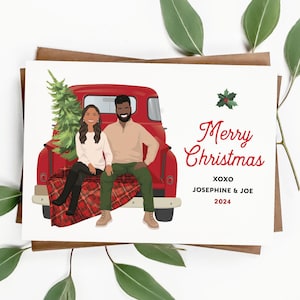 Rode Vespa-kerstkaart, stel op scooter, kerstkaart aangepaste illustratie, stel cartoonkunst, gepersonaliseerde kerstkaarten