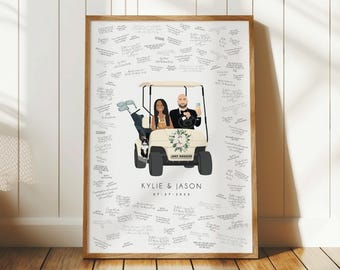 Wedding Guest Book, Cartoon Couple Art, Custom Keepsake Sign, Golf Cart Portrait, Unique Wedding Gift, Personalized Canvas Print