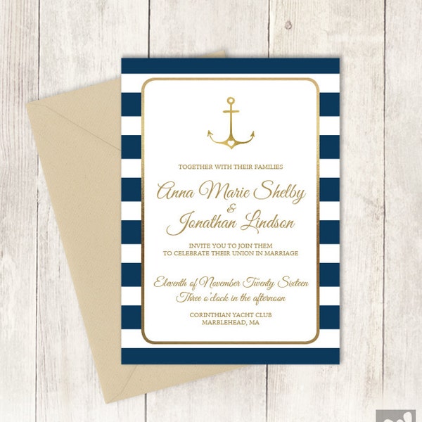 Nautical Wedding Invitation / Nautical Stripes / Navy Stripes, Gold Anchor / Navy and Gold ▷ Printable File {or} Printed & Shipped