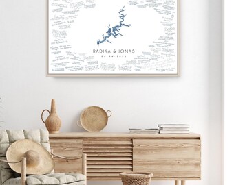 Custom Lake Guestbook, Watercolor Art, Dusty Blue Cobalt (XL Framed)